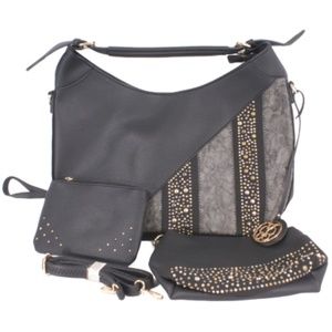 Decorative Hobo Handbag Three Piece Set Black